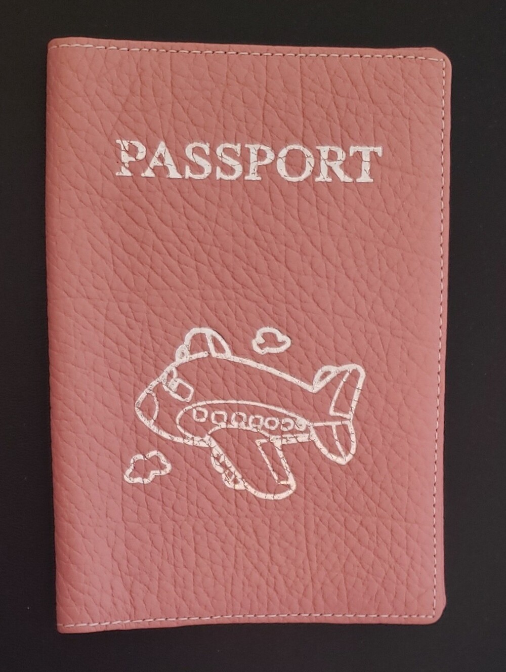 NEW Rose Pebbled Textured Faux Leather Passport Case Silver Airplane